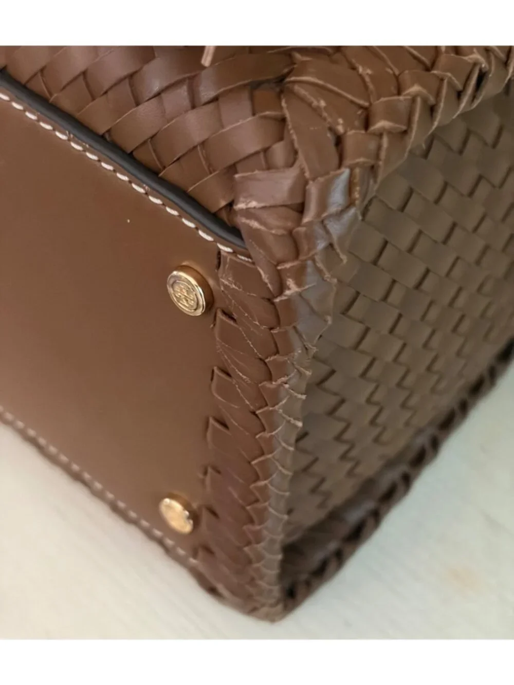Tory Burch Thea Woven Leather McGraw Web Small Satchel Handbag Wide Crossbody Sh - Picture 11 of 16
